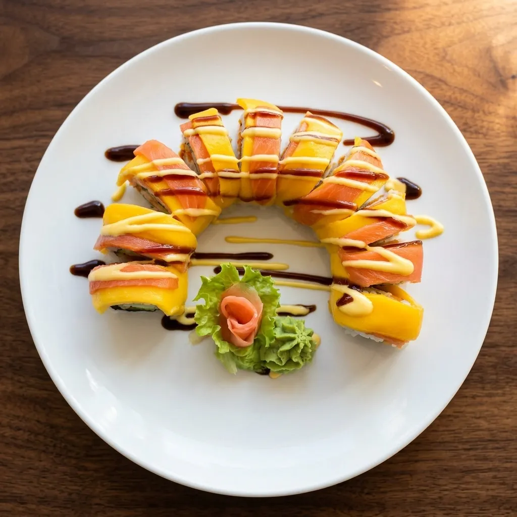Paradise Roll sushi plated at Watta Sushi in Winnipeg, MB