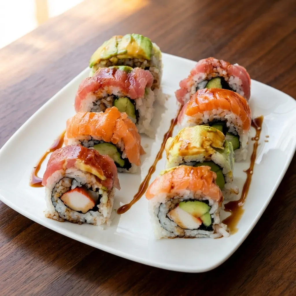Rainbow roll topped with assorted sliced fish at Watta Sushi in Winnipeg